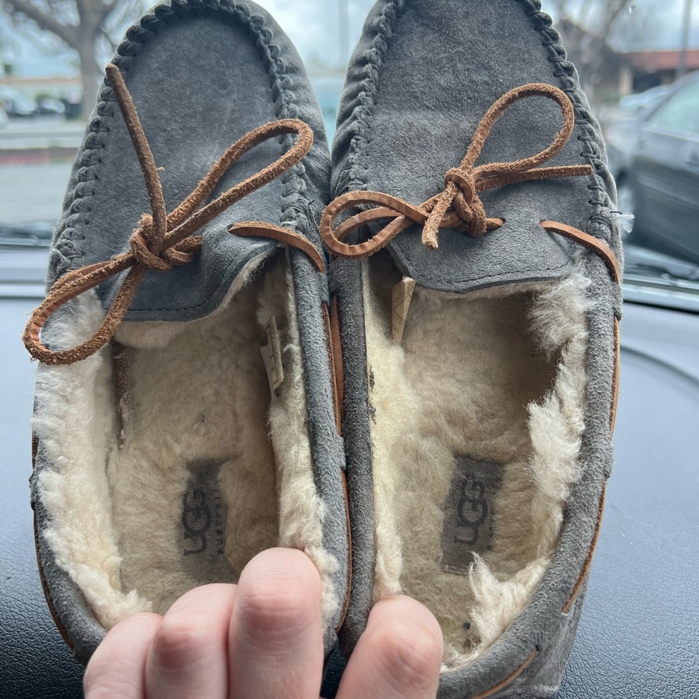 UGG Gray and Brown Moccasin Slippers with Sheepskin Lining